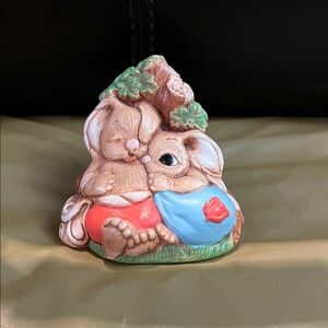 Vintage Woodlander Stoneware Bunnies  Figurine with Red and Blue Outfits